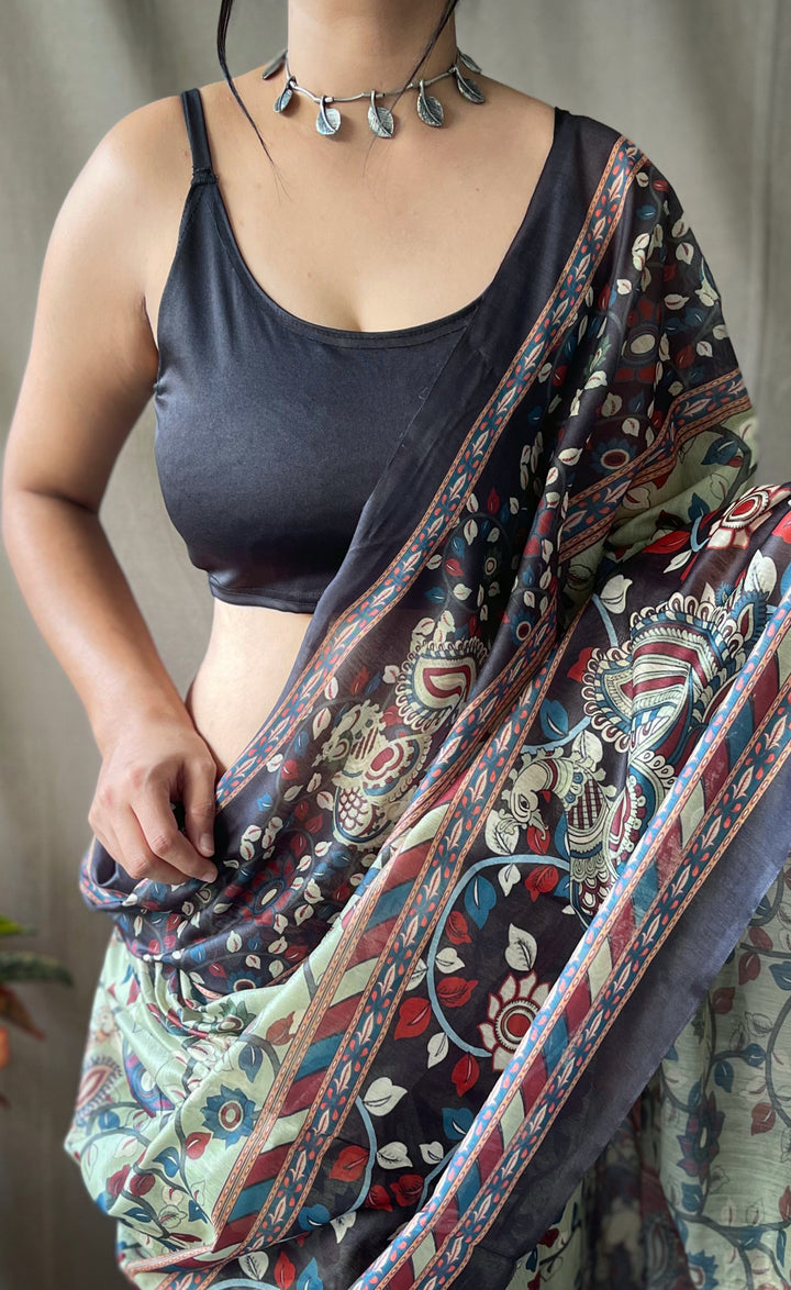 Soft Green Kalamkari cotton saree - PAHRAVA