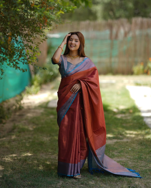 Dark Orange Kubera Pattu Kanji-Varam Silk with Two-Tone Border Saree.