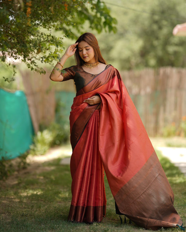 Bright Red Kubera Pattu Kanji-Varam Silk with Two-Tone Border Saree.