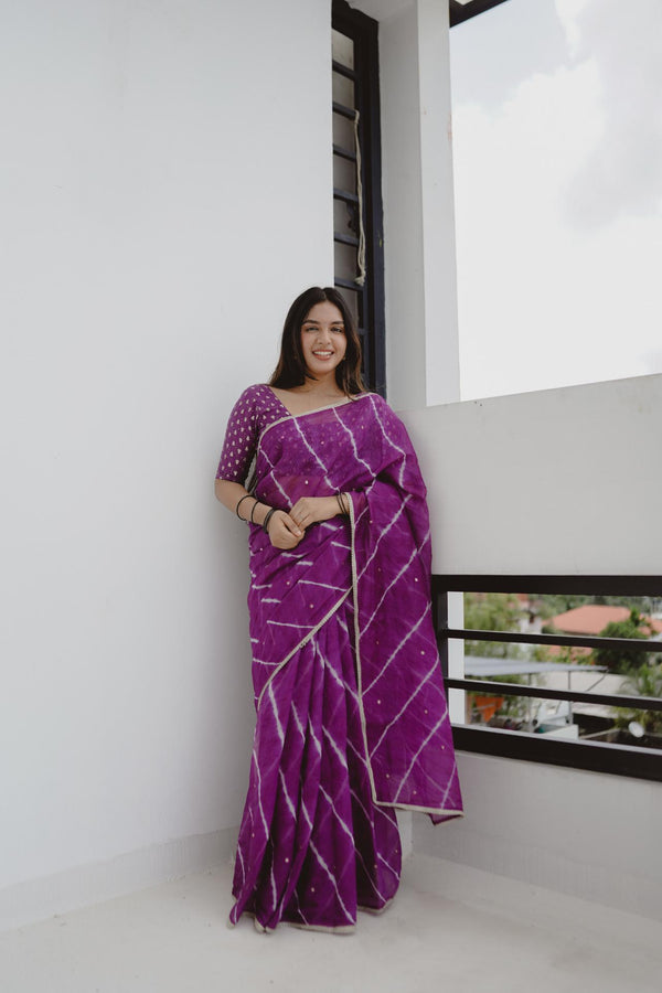 Grape Purple pure Kota saree with tye and dye leheriya.