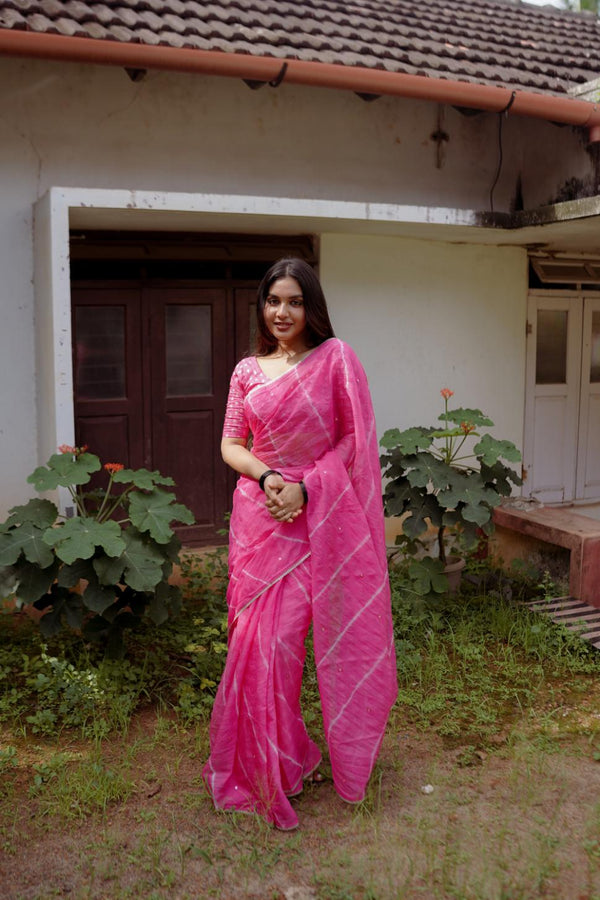 Blush Pink pure Kota saree with tye and dye leheriya.