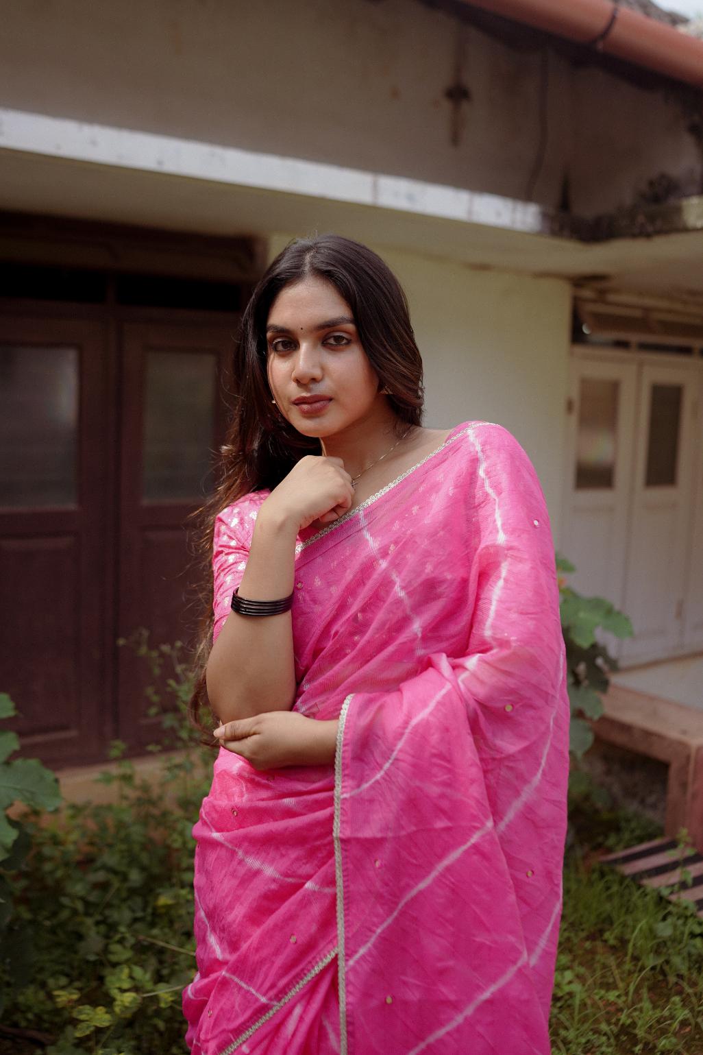 Blush Pink pure Kota saree with tye and dye leheriya.