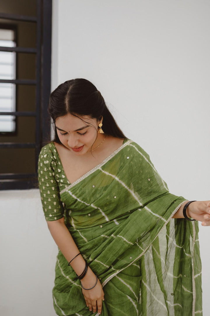 Leaf Green pure Kota saree with tye and dye leheriya.