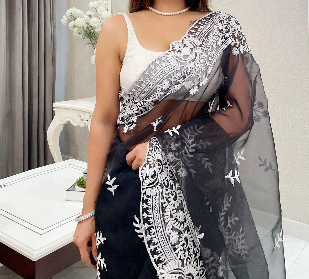 Black handcrafted organza saree - PAHRAVA