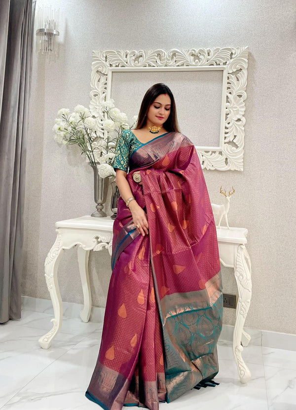 Mauve lavender kubera pattu kanjivaram silk saree - PAHRAVA