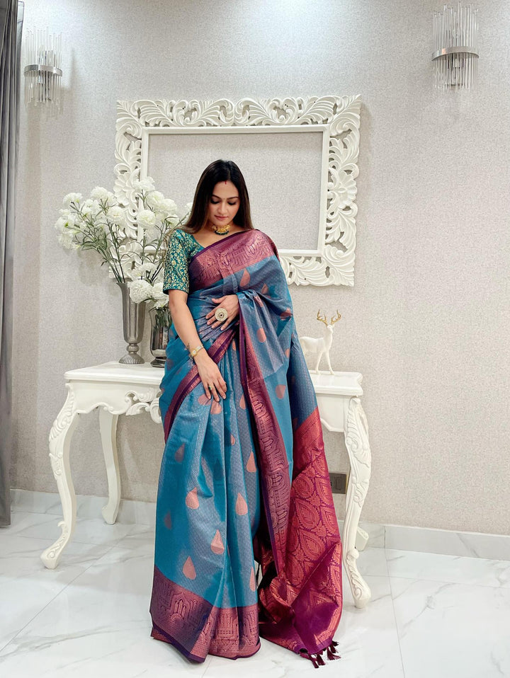 Teal blue kubera pattu kanjivaram silk saree - PAHRAVA