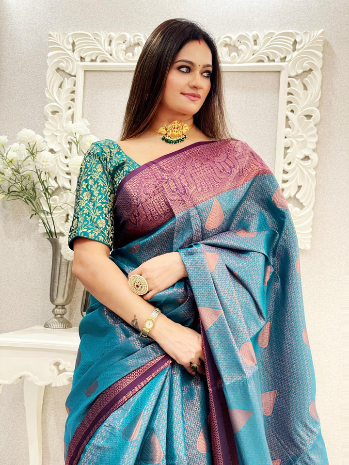 Teal blue kubera pattu kanjivaram silk saree - PAHRAVA