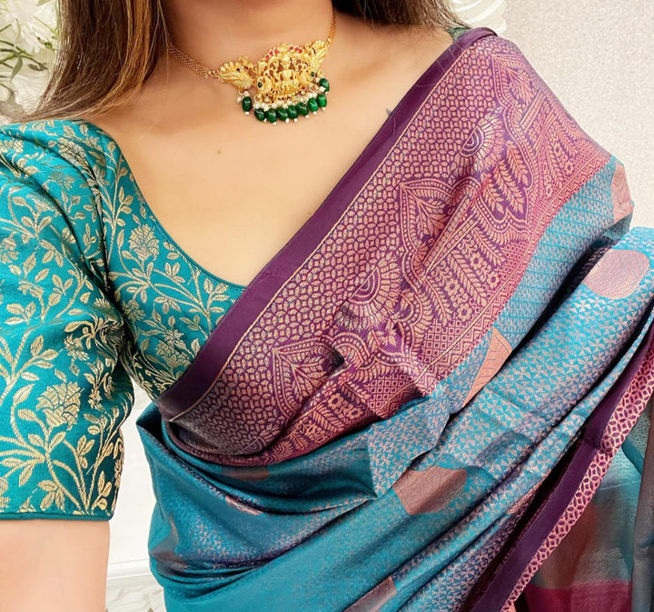 Teal blue kubera pattu kanjivaram silk saree - PAHRAVA