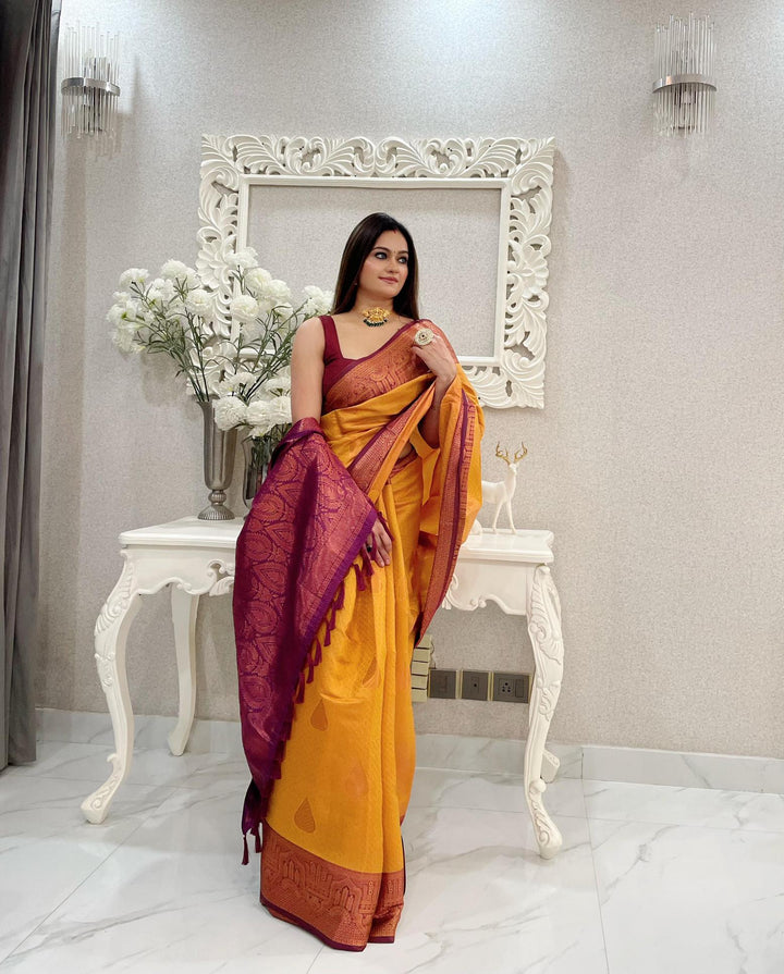 Mustard yellow kubera pattu kanjivaram silk saree - PAHRAVA