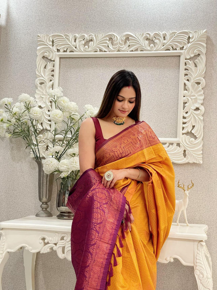 Mustard yellow kubera pattu kanjivaram silk saree - PAHRAVA