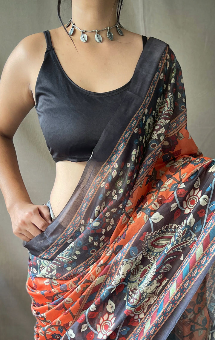 Bright Orange Kalamkari cotton saree - PAHRAVA