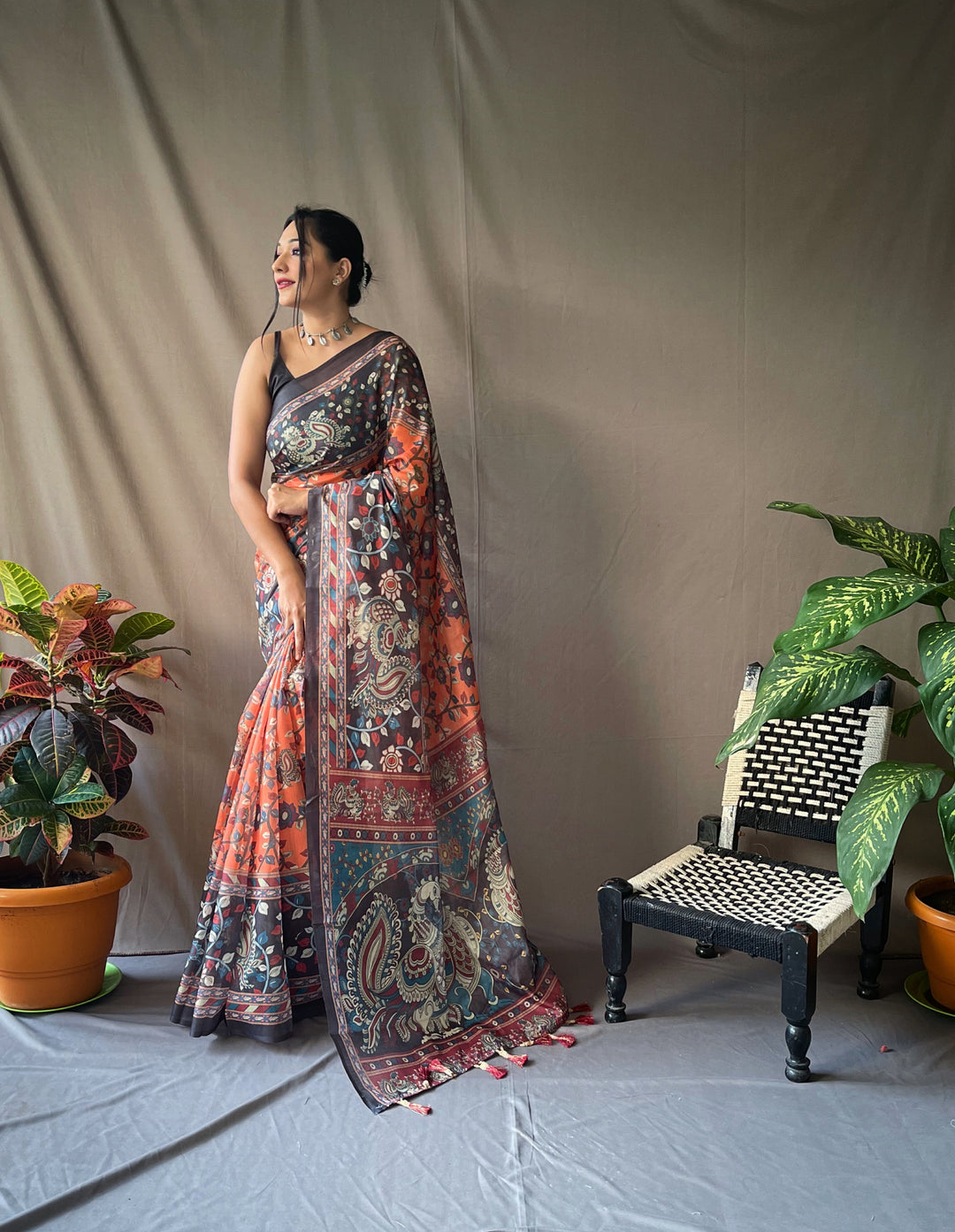 Bright Orange Kalamkari cotton saree - PAHRAVA