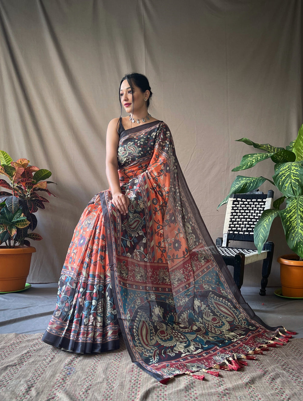 Bright Orange Kalamkari cotton saree - PAHRAVA