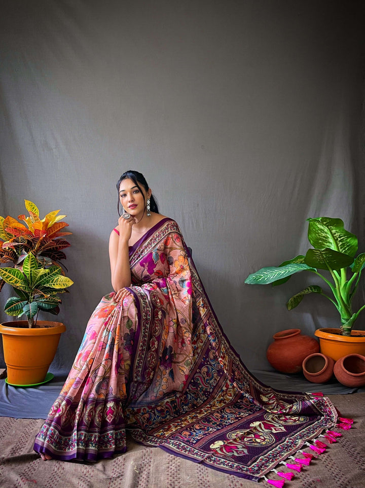 Fresh Pink Kalamkari cotton saree - PAHRAVA