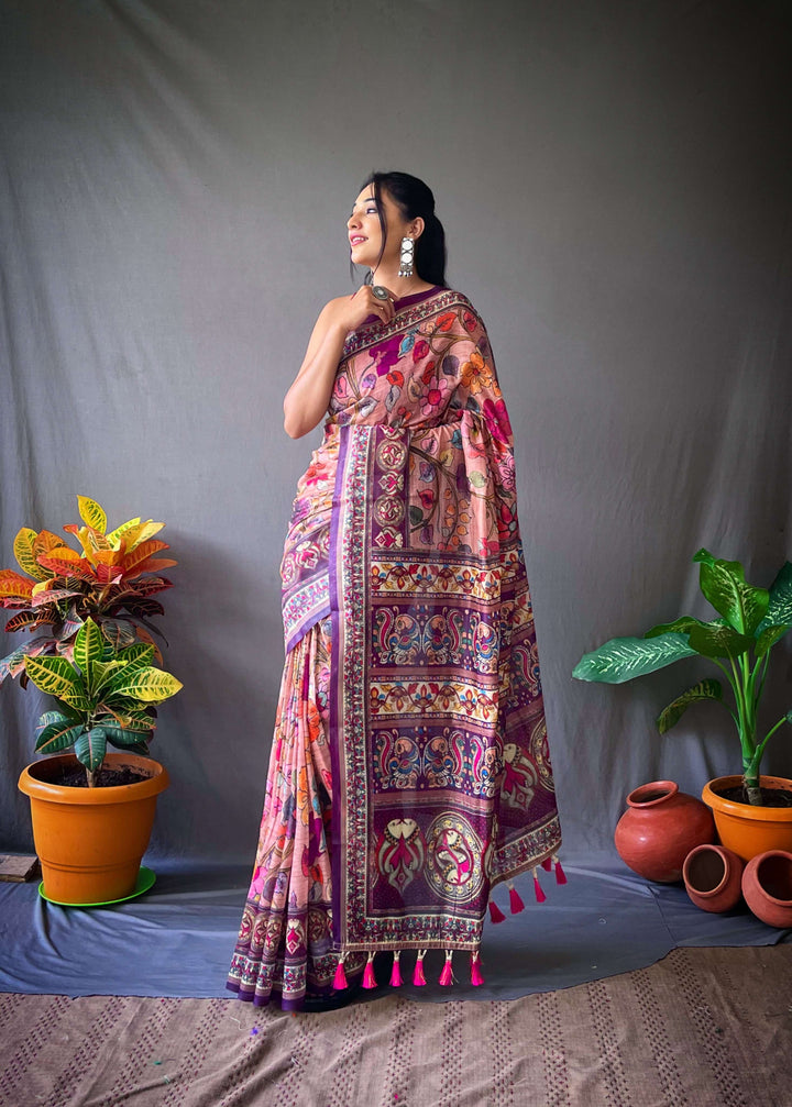 Fresh Pink Kalamkari cotton saree - PAHRAVA