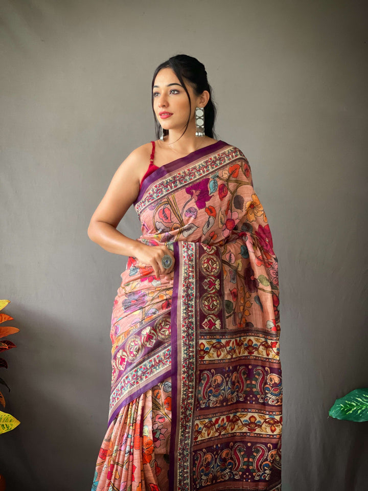 Fresh Pink Kalamkari cotton saree - PAHRAVA