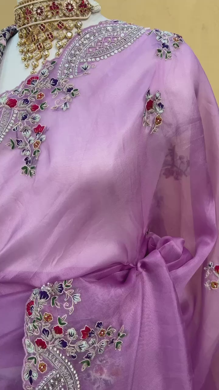 Light Purple Organza Silk Fibric with Thread & Sequence work saree