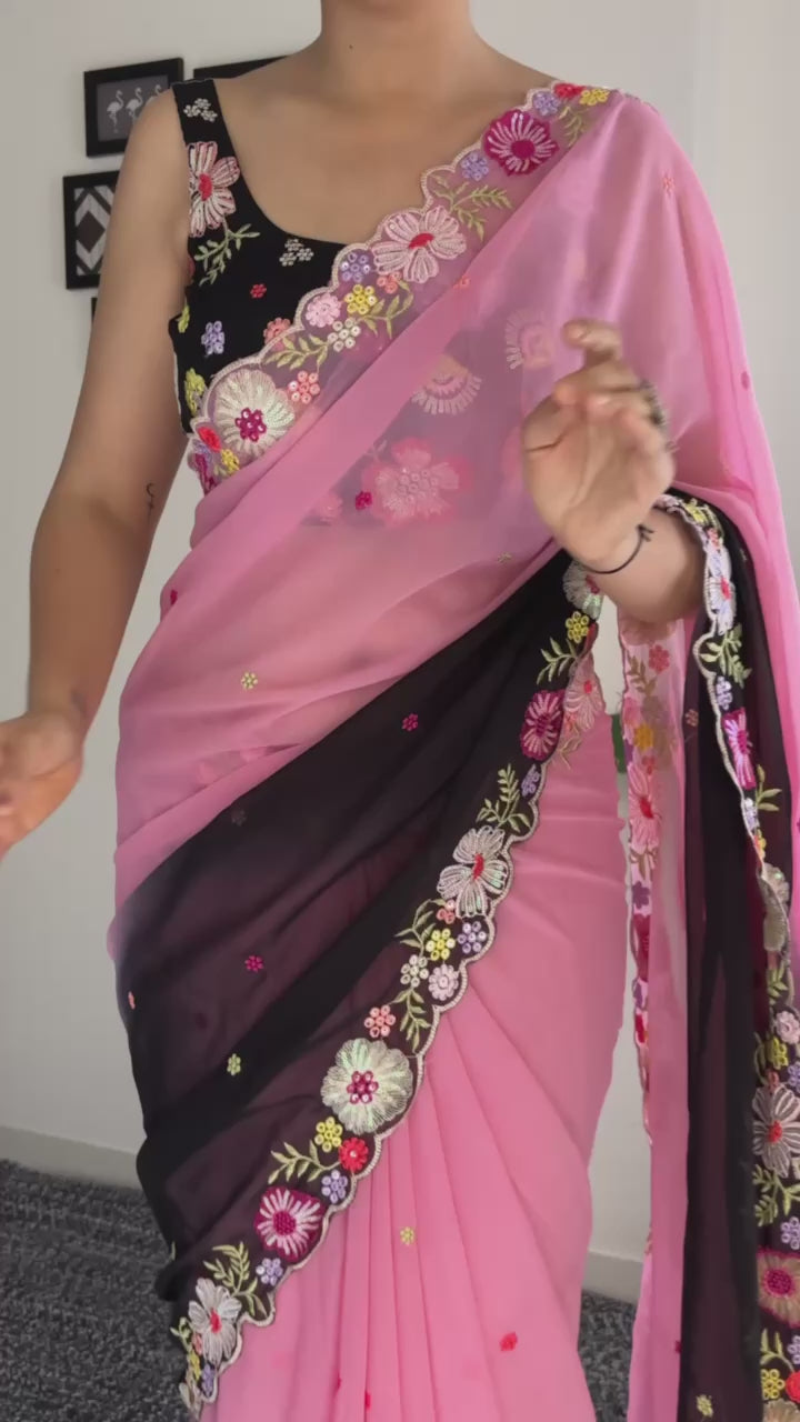 Flamingo Pink With Black Multicolor Sequence Work And Embroidery Work With Arca Cutting Saree