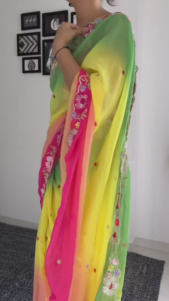 Lemon Yellow With Pink Multicolor Sequence Work And Embroidery Work With Arca Cutting Saree