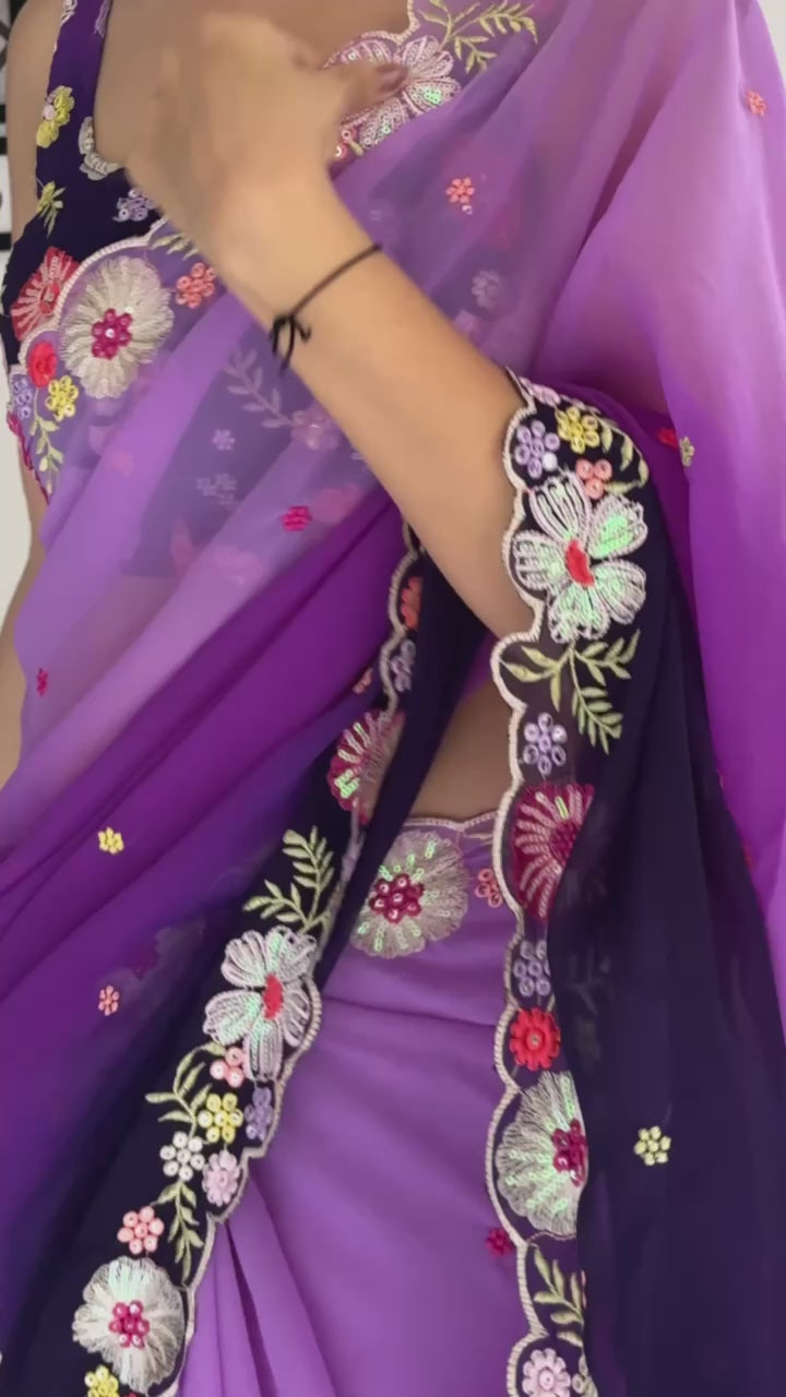 Navy Blue With Purple Multicolor Sequence Work And Embroidery Work With Arca Cutting Saree