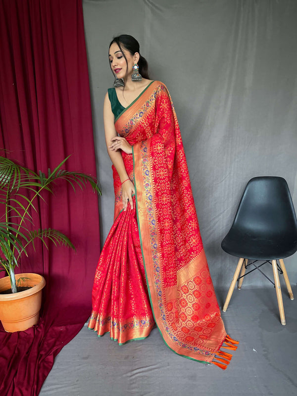 Rosy Red fusion silk saree - PAHRAVA