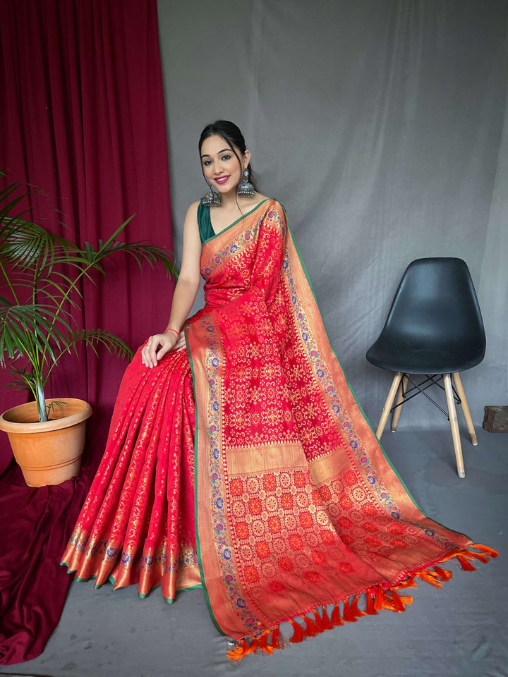 Rosy Red fusion silk saree - PAHRAVA