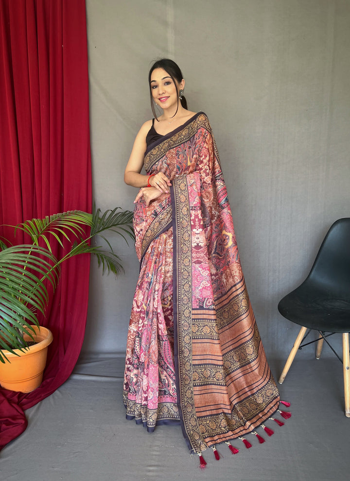 Silky Pink Kashmiri Cotton Saree - PAHRAVA