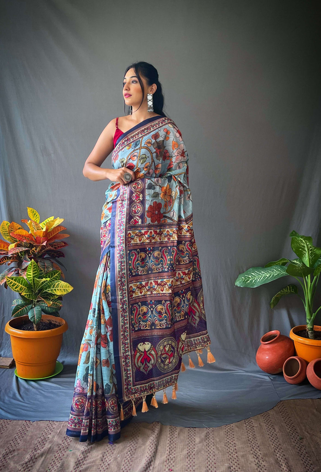 Soft Sky Kalamkari cotton saree - PAHRAVA