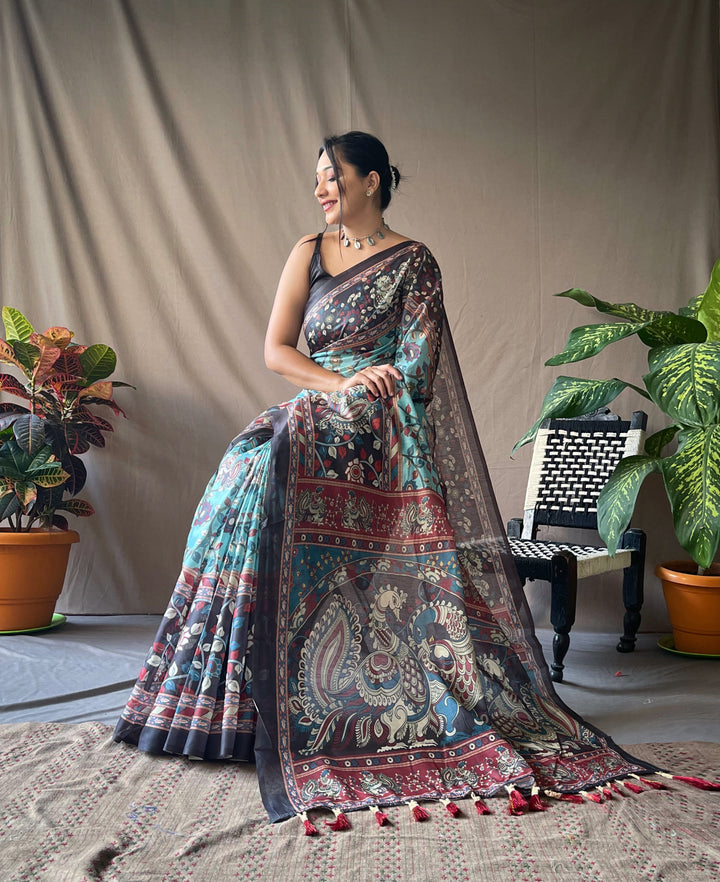 Soft Sky Kalamkari cotton saree - PAHRAVA