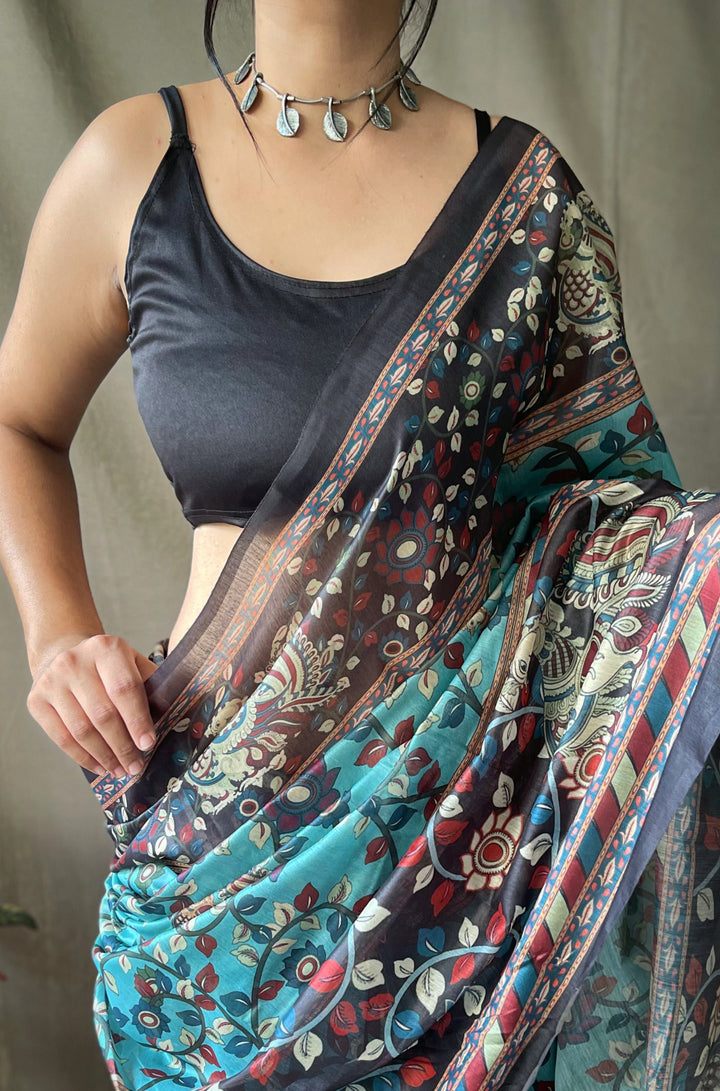 Soft Sky Kalamkari cotton saree - PAHRAVA