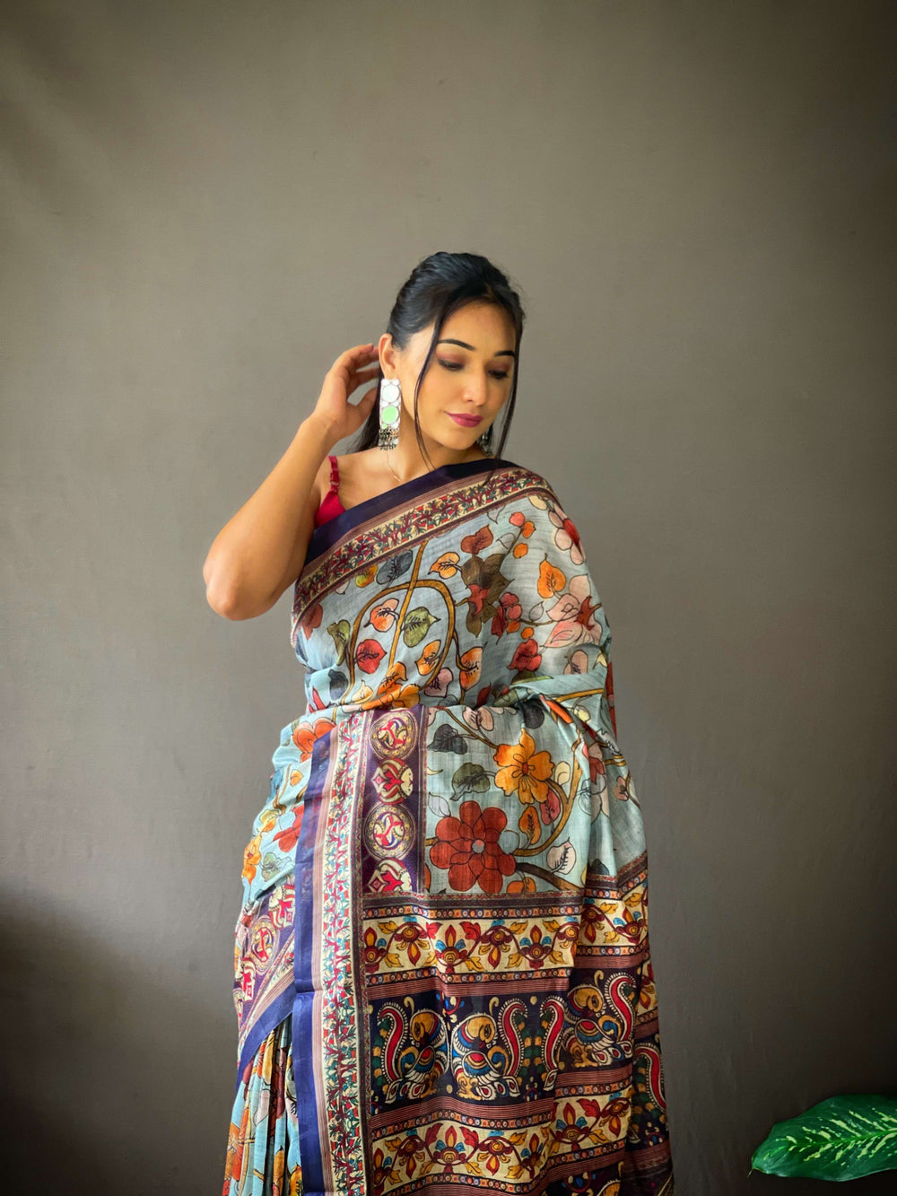 Soft Sky Kalamkari cotton saree - PAHRAVA