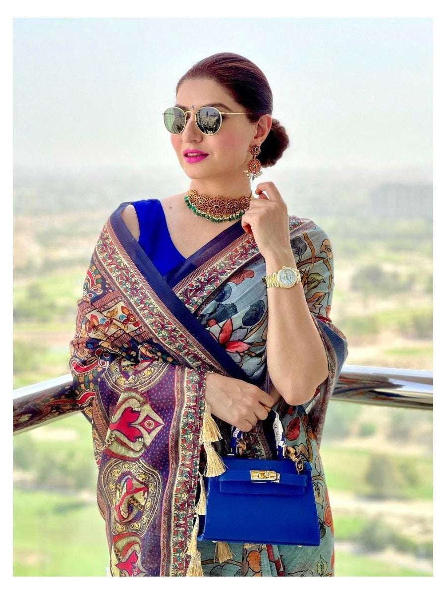 Soft Sky Kalamkari cotton saree - PAHRAVA