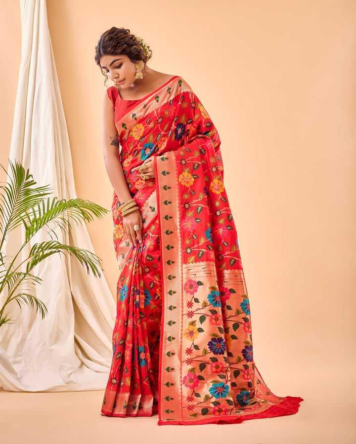 Rosy Red Luxury Paithani Silk Saree - PAHRAVA