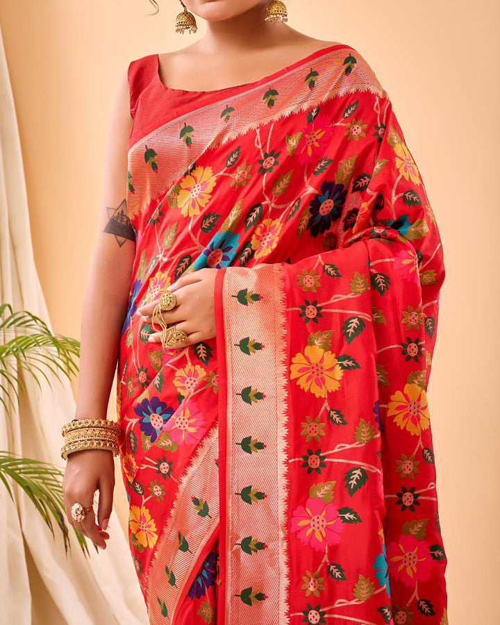 Rosy Red Luxury Paithani Silk Saree - PAHRAVA