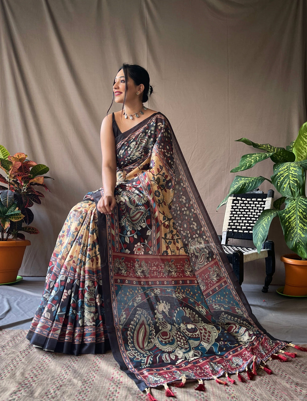 Warm Yellow Kalamkari cotton saree - PAHRAVA